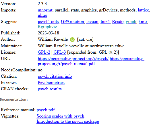 A screenshot of the CRAN page for the psych package in R.